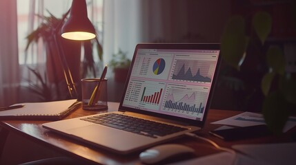 Poster - A professional office setup with a laptop screen showing business analytics, pie charts, and bar graphs, while a financial report lies beside it.