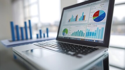 Poster - A professional office setup with a laptop screen showing business analytics, pie charts, and bar graphs, while a financial report lies beside it.