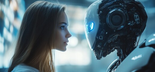 Fototapete - A human and a robot face each other, exploring connection and technology.