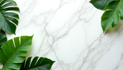Aufkleber - Tropical leaves in a natural setting on a marble background create a serene atmosphere that evokes feelings of summer and relaxation._00001_