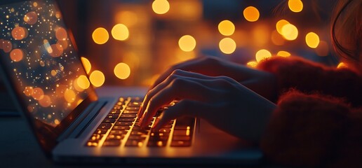 Aufkleber - A person typing on a laptop with warm, glowing bokeh lights in the background.