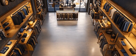 Aufkleber - A modern retail store showcasing neatly arranged clothing on wooden shelves.