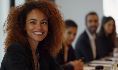 Poster - A smiling woman in a business meeting with colleagues in the background.