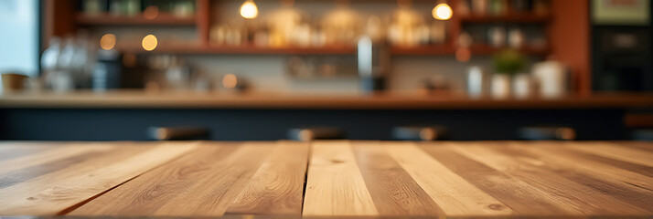 Poster - The wooden tabletop blends with the blurred countertop and bar in the background, creating a harmonious visual effect overall._00001_