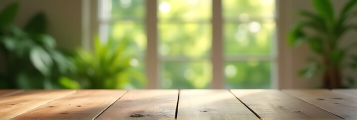 Poster - The top of the wooden table provides a clear view of the surrounding garden from its position near a blurred window._00002_