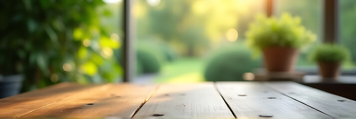 Poster - The top of the wooden table provides a clear view of the surrounding garden from its position near a blurred window._00001_