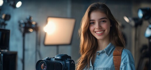 Aufkleber - A smiling young woman holds a camera in a photography studio setting.
