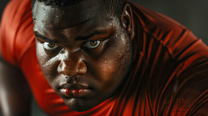 Wall Mural - Close-up Portrait of a Sweating Athlete in Red Shirt