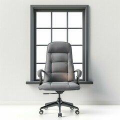 Poster - comfortable gray office chair placed in a minimalist, bright room, suggesting a quiet and productive
