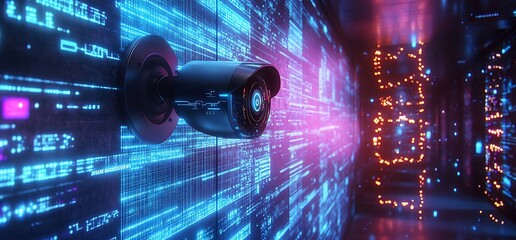 Poster - A surveillance camera amidst a digital data backdrop.