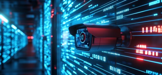 Poster - A surveillance camera monitors a high-tech data center environment.