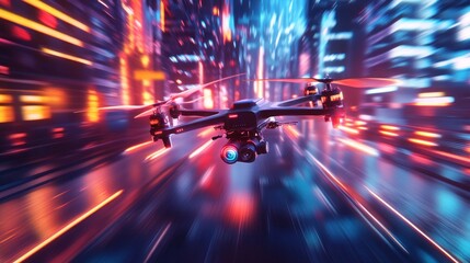 Wall Mural - Drone flying fast through vibrant neon city at night.