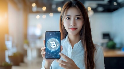 Poster - A woman holding a smartphone displaying a Bitcoin symbol, promoting cryptocurrency.