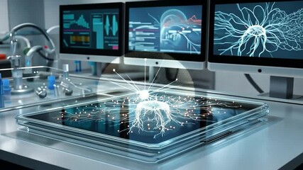 Poster - Innovative biocomputer technology demonstrating neural connections in a modern laboratory setup