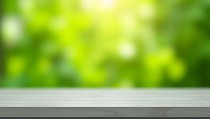 Poster - Tabletop surface features a blurred green garden background suitable for creating product displays and key visuals within clipping paths._00002_