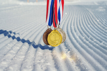 golden medal on the textured ski slopes in the snow - winter sport successful concept. Skiing, biathlon.