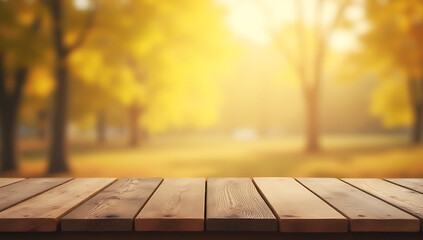 Poster - Tabletop empty of wood, featuring a blurred light gold bokeh abstract background for a stylish product display or key visual layout._00002_