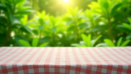 Aufkleber - Tablecloth with checkered pattern lies flat on a blurred wooden table against a vibrant green garden background view._00001_
