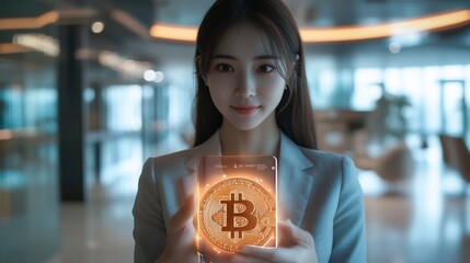 Poster - A woman holding a smartphone displaying a glowing Bitcoin symbol.