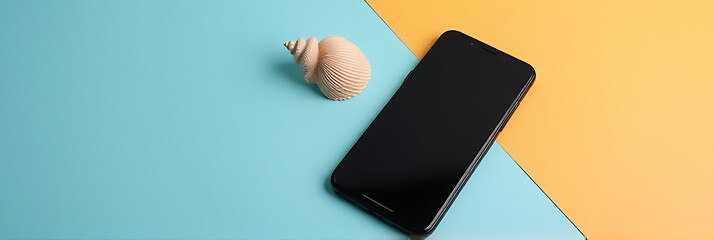 Poster - Smartphone and seashell are placed together on a colorful background for a unique and visually appealing photo composition._00002_
