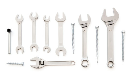 Aufkleber - Set of house repair tools including wrenches, screws, and bolts arranged in a flat lay pattern against a white background._00001_