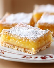 Sticker - A close-up of lemon bars dusted with powdered sugar on a decorative plate.