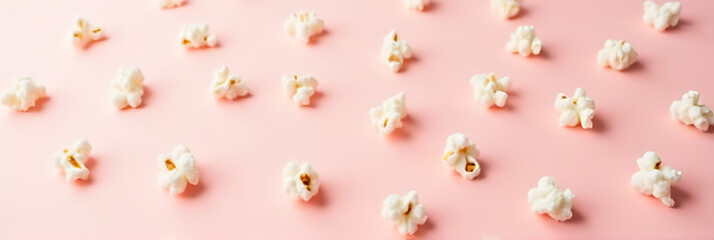 Poster - Popcorn kernels are scattered across a soft pastel color background to create a simplistic food concept idea for snacks._00002_