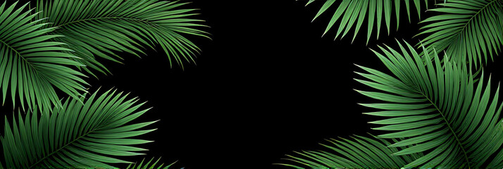 Poster - Palm leaves with vibrant tropical foliage patterns placed against a sleek black background for a striking visual contrast._00001_