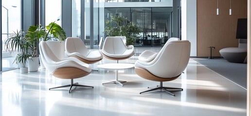 Poster - Modern lounge area with stylish chairs and a coffee table in a bright space.