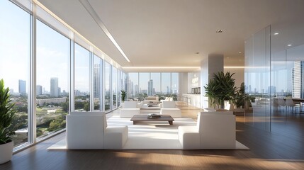Poster - Modern office interior with large windows and minimalist furniture.