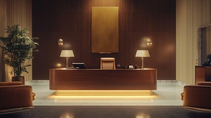 Poster - Modern office reception area with elegant decor and warm lighting.