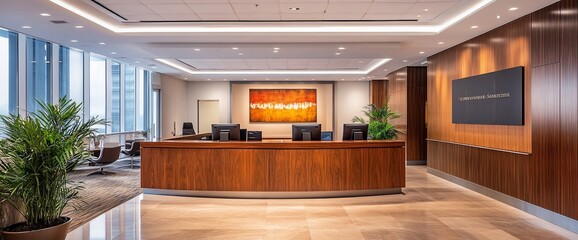 Aufkleber - Modern office reception area with elegant design and warm lighting.