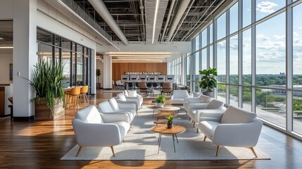 Poster - Modern office lounge with large windows and comfortable seating.