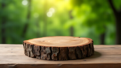 Aufkleber - Old tree stump table top selectively focused with blurred green tree background ideal for product display and design visuals._00001_