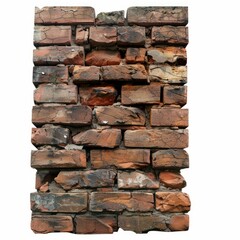 Poster - Weathered and broken red brick wall section isolated on white background, showing signs of age, damage, and deterioration