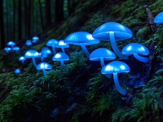 Aufkleber - Enchanted Forest with Glowing Blue Mushrooms Illuminating the Mossy Ground Amidst Tall Trees, Creating a Mystical and Dreamlike Atmosphere in Nature