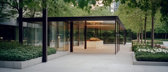 Wall Mural - A minimalist, glass-walled pavilion nestled amidst a lush garden, blending modern architecture with nature.