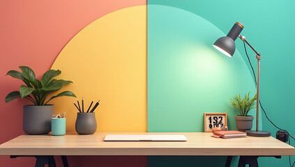 Poster - Office desk table with modern accessories and supplies on a colorful background creating a visually appealing image._00002_