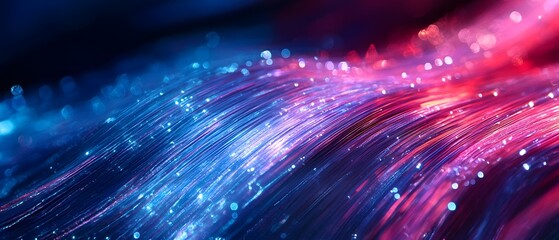 Poster - Vibrant Abstract Background with Glowing Particles and Soft Curves Creating a Dreamlike Atmosphere in Blue and Red Tones for Creative Design Projects