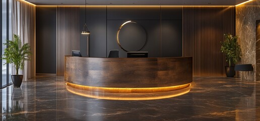 Poster - Modern reception area with sleek design and warm lighting.