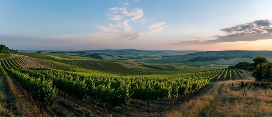  Rows of emerald vineyards stretch toward a horizon kissed by a soft blue sky, capturing the promise of nature in expansive, sunlit beauty.