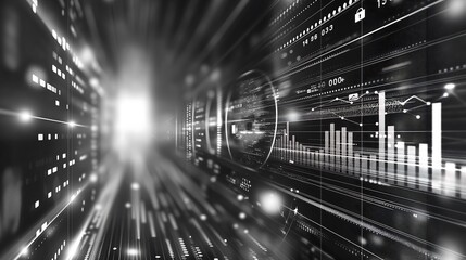Poster - Dynamic infographic display of business trends, including 3D bar charts, line graphs, and data points, all set against a sleek black-and-white corporate background.