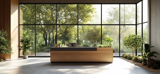 Poster - Modern reception area with large windows overlooking a lush garden.