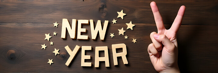 Aufkleber - New year celebration concept features a text overlay with a hand making a V sign on a wooden textured background._00001_