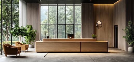 Poster - Modern reception area with wood accents and large windows.