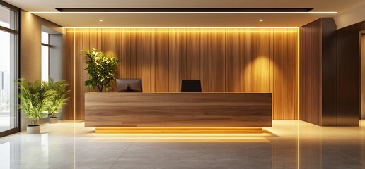 Poster - Modern reception area with wooden accents and ambient lighting.