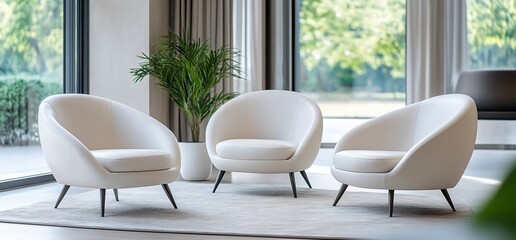 Poster - Modern seating area with three stylish chairs and a potted plant.