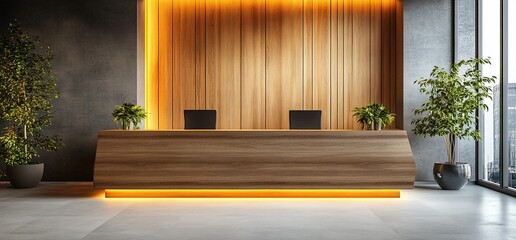 Poster - Modern reception area with wooden design and ambient lighting.