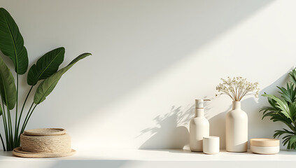 Poster - Natural leaf design complements minimalist podia for spa and organic product displays on a clean white stone backdrop._00001_