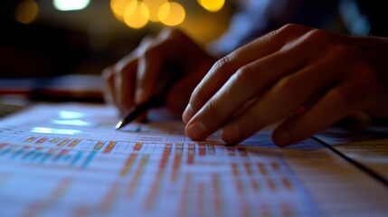 Poster - Analyzing financial reports office space document review evening ambiance close-up perspective business insights